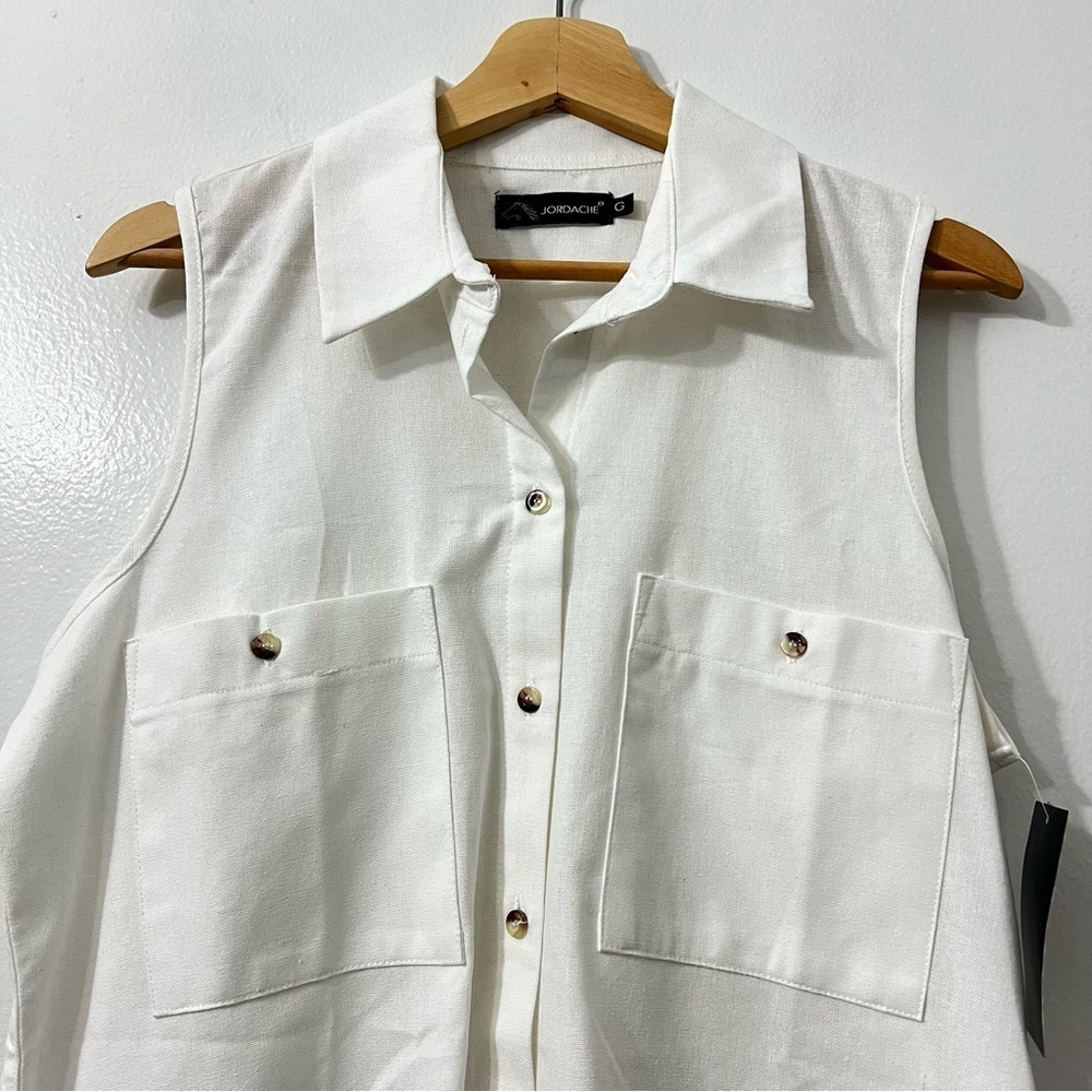 Jordache White Medium Linen Blend Sleeveless Button Down Minimalist Casual Top - Picture 2 of 8